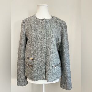 Club Monaco Italian Wool Textured Jacket Grey Zip Detail Minimalist Luxe Size 10